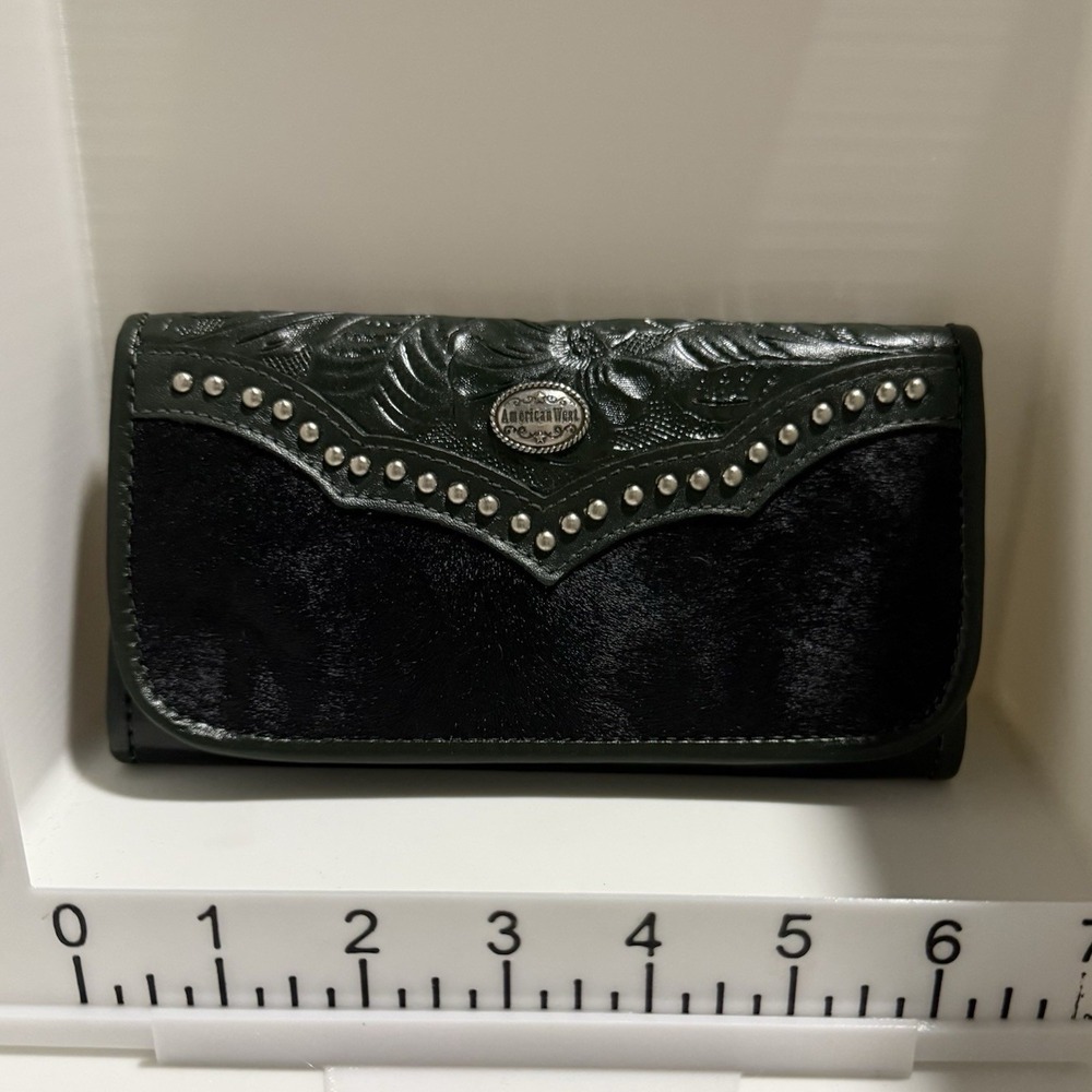 American West Black/Green Floral Studded Checkbook Wallet Trifold Zipper